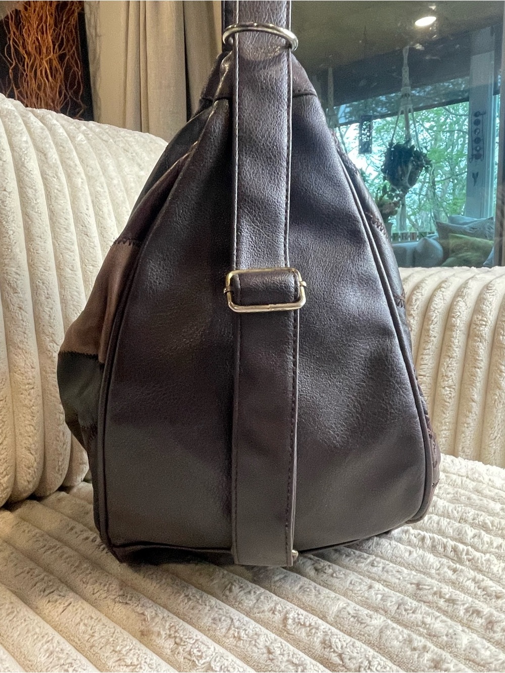 Vintage 70,s Hippie Patchwork Leather Crossbody Sling - Brown, Black - Picture 3 of 10